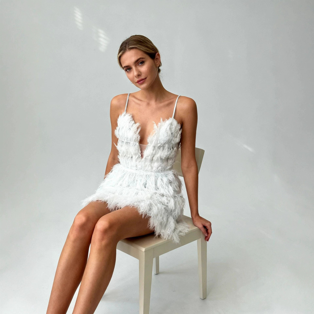 ZARA Sexy Deep V Evening Slip Dress White Feather Patchwork Mini Dress - Picture 2 of 5